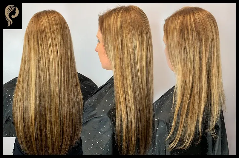 Before and after hair extensions by Alisa Pose